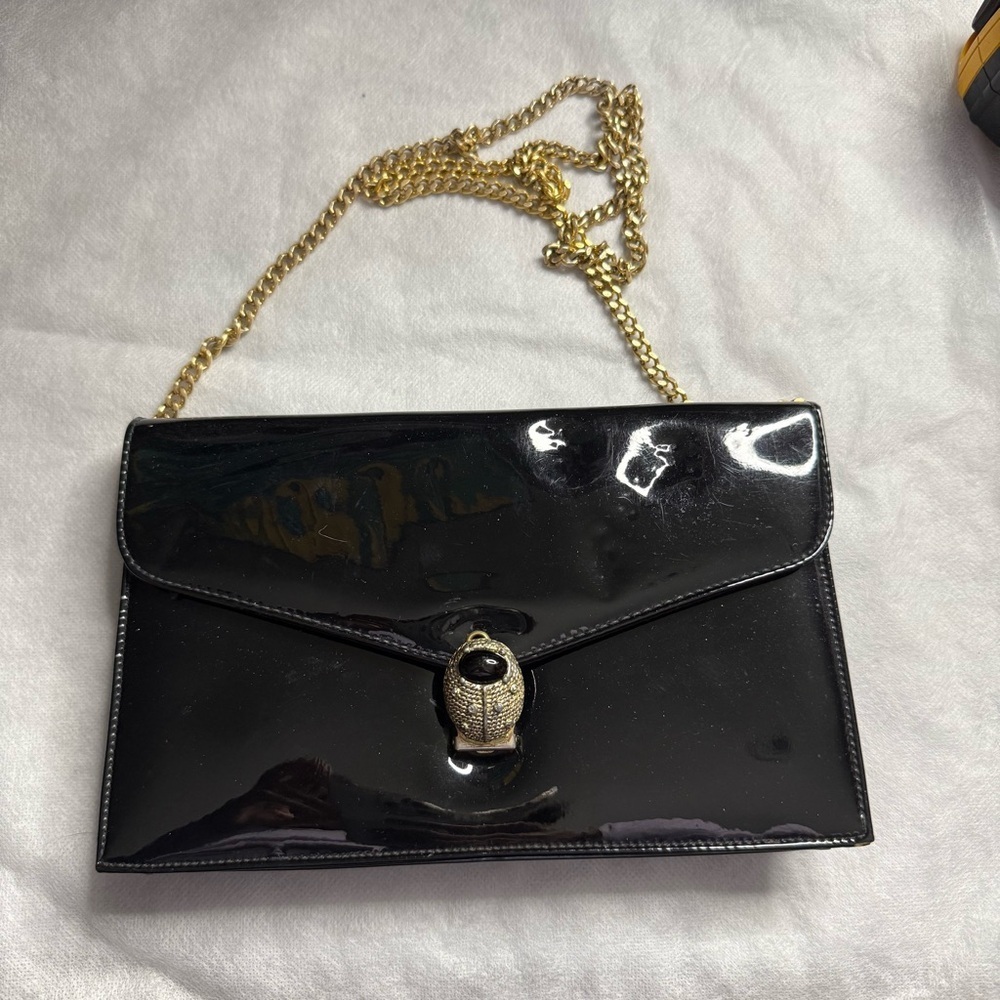 Elegant Black Patent Leather Clutch with Gold Chain
